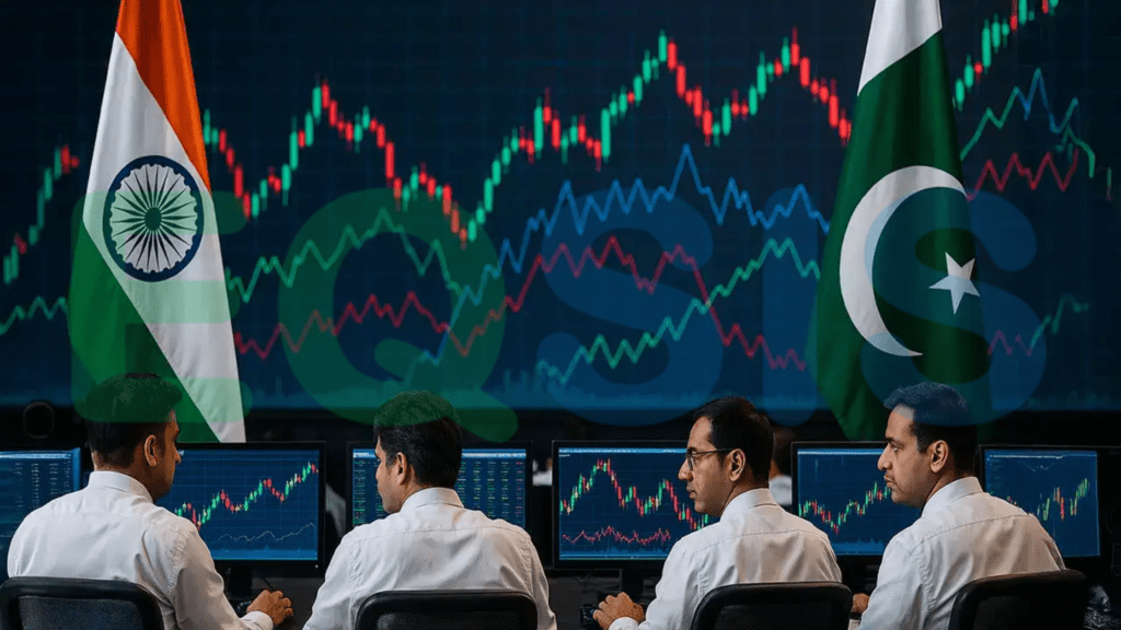 Investor analyzing market charts during 2025 volatility caused by tariff wars and Indo-Pak tensions.