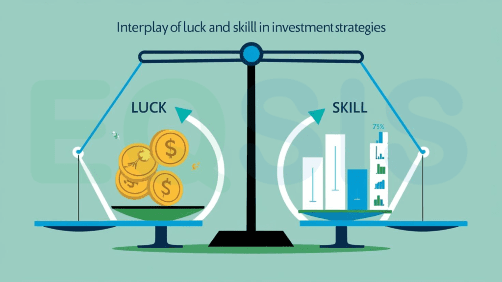 Infographic showing a scale balancing luck with coins on one side and skill with bar charts on the other, illustrating their interplay in investment strategies.