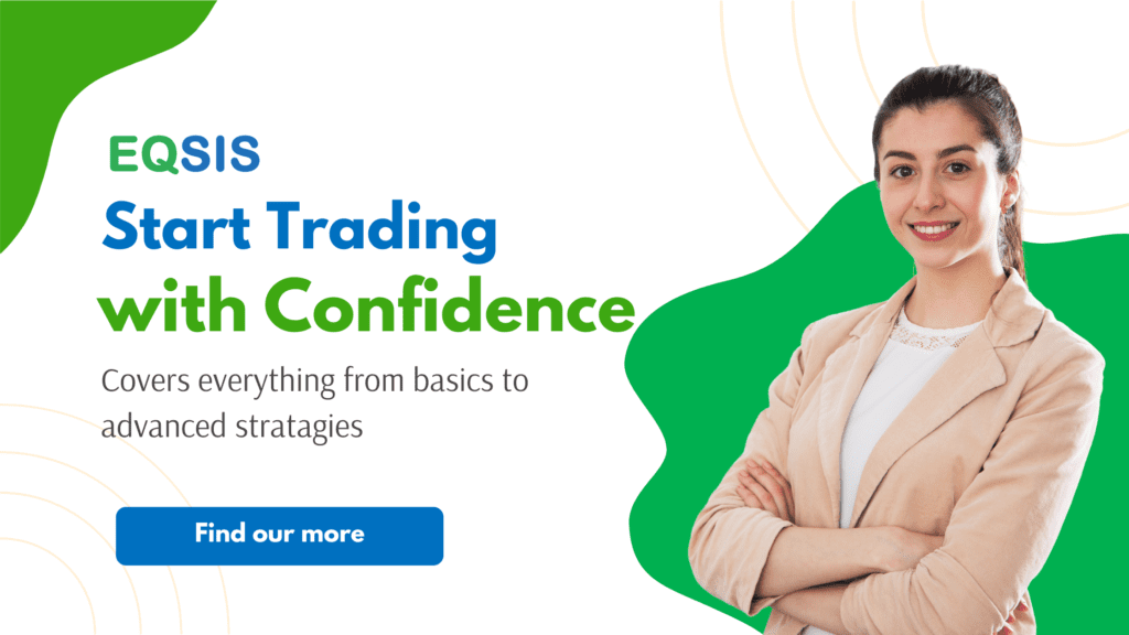 Confident young woman standing with arms crossed next to a promotional banner for EQSIS trading course, featuring the text “Start Trading with Confidence.”