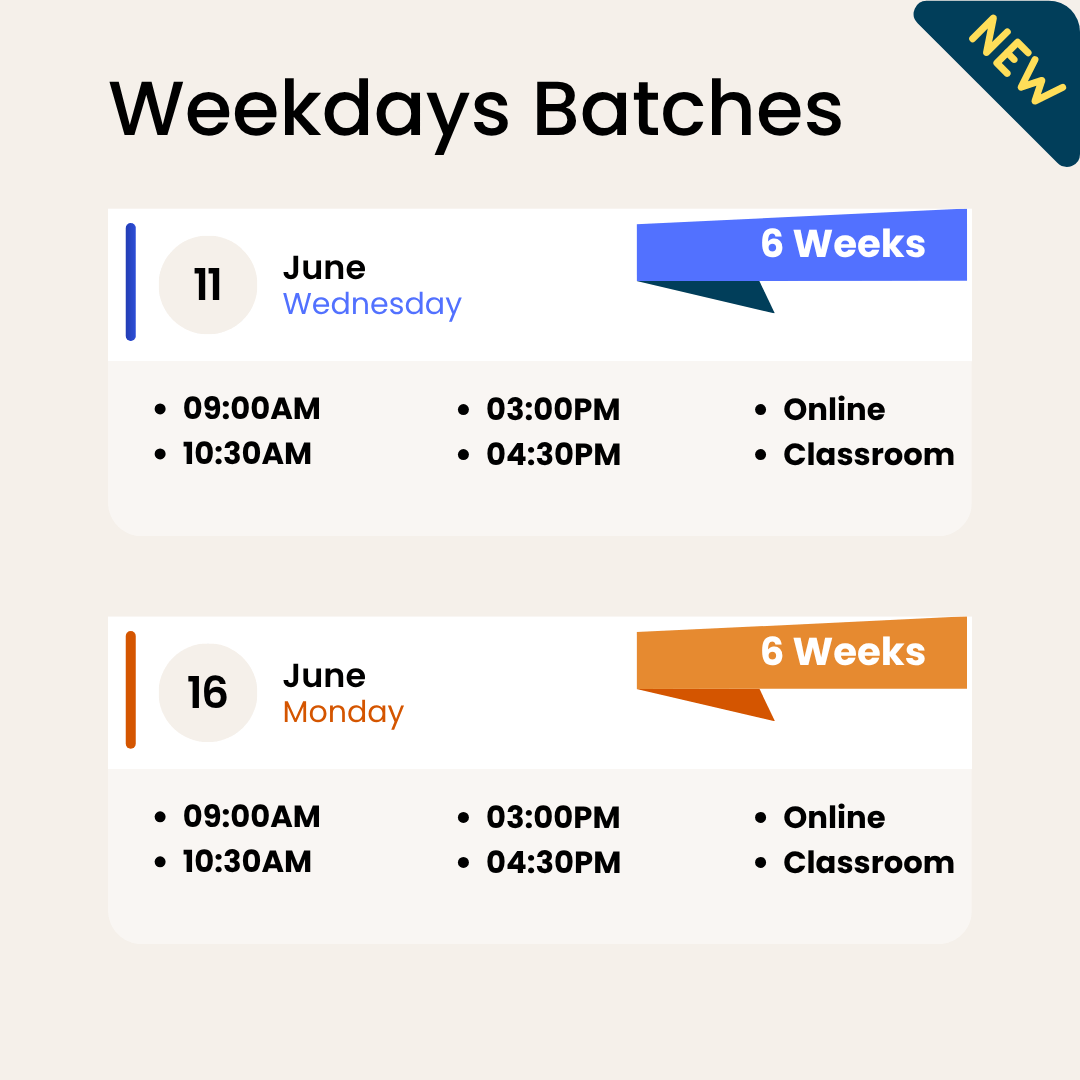 Weekdays stock market training batches starting on June 11 and June 16 in Chennai with online and classroom options, 6 weeks duration<br />
