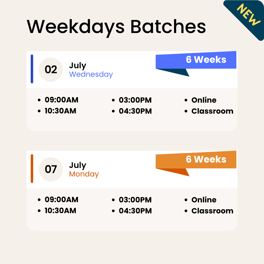 Stock market training weekdays batches starting July with timings at 9AM, 10:30AM, 3PM, 4:30PM available online and classroom, 6 weeks duration.