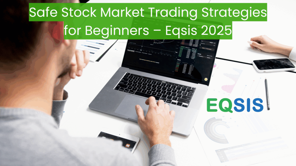 Beginner trader learning safe stock market strategies on a laptop with clear charts and safety icons