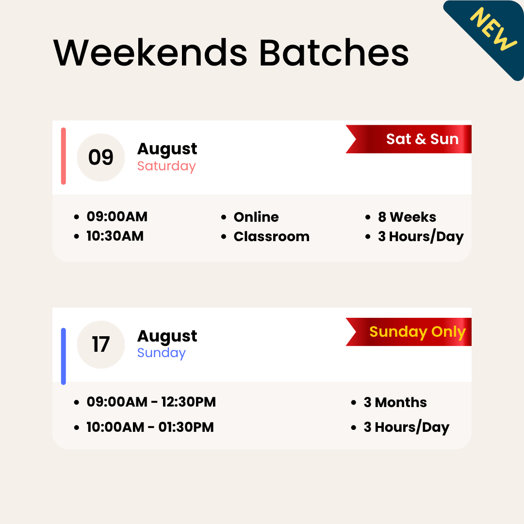 Stock market course weekend batches starting on August 9 and 17. Options include Saturday & Sunday or Sunday-only classes with different durations.