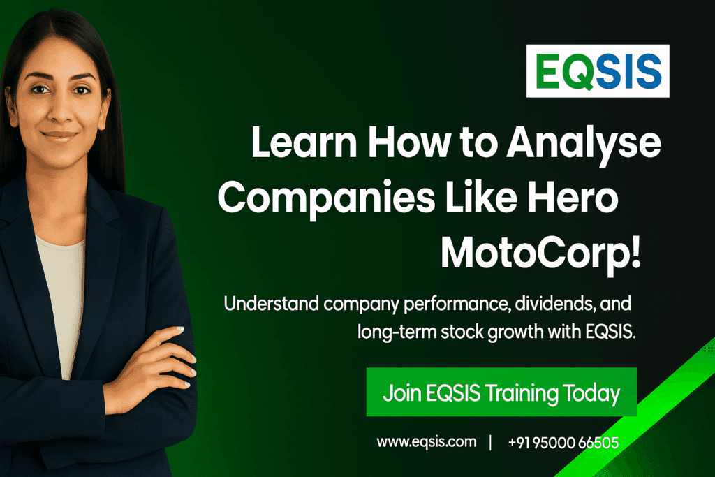 EQSIS Stock Market Training banner featuring an Indian professional with text Learn How to Analyse Companies Like Hero MotoCorp, promoting long-term investing and company analysis courses with contact details and Join EQSIS Training Today button.