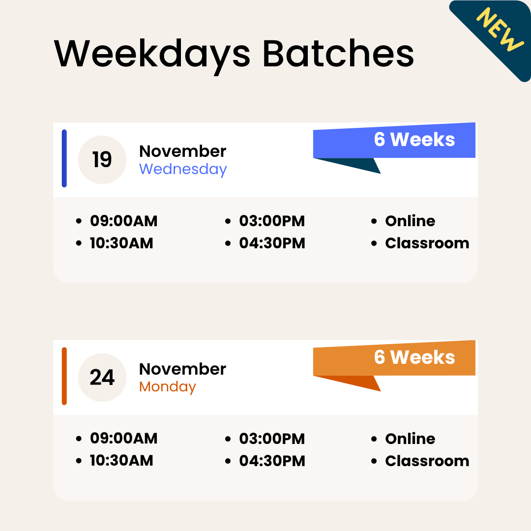 Weekday Stock Market Training in Chennai – 6 Weeks Course at Kodambakkam & Guindy Weekday stock market training batches in Chennai starting on November 5 and October 10 with morning and afternoon sessions, available in online and classroom modes at Kodambakkam and Guindy.