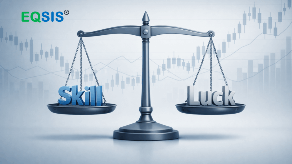 Skill vs luck in investing illustrated with a balanced scale and stock market charts