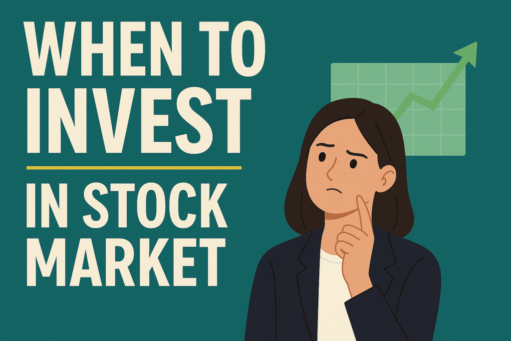 Thumbnail image showing a woman thinking with a rising stock market graph and the text 'When to Invest in Stock Market' to highlight the importance of starting early.