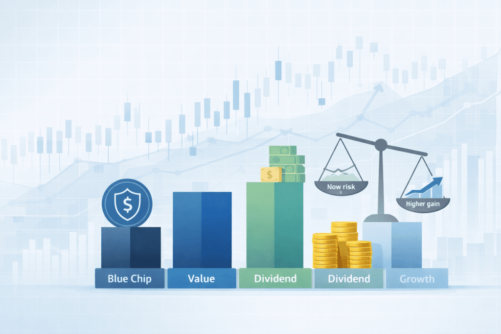 Minimal stock market illustration showing blue chip, value, dividend, and growth investing categories using abstract bars and financial charts.