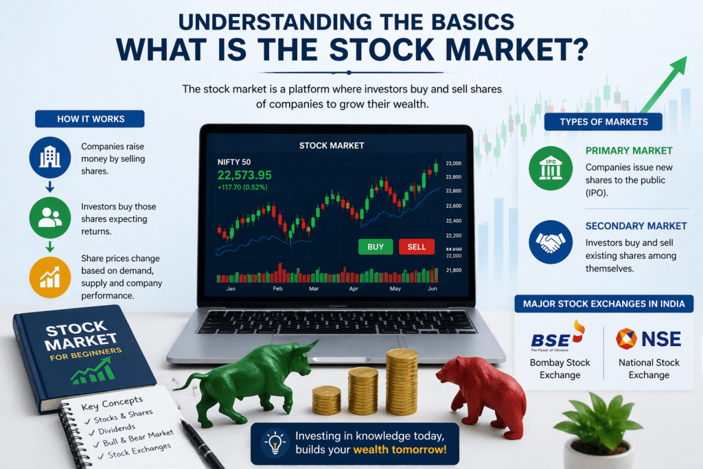 Illustration of stock market basics showing buying and selling shares with charts and financial growth concept